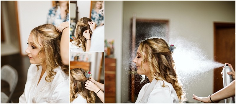 Premier Snohomish & Seattle Wedding Photographer | GSquared Weddings Photography A woman with curled blonde hair is getting her hair done for a Snohomish wedding. In a collage of photos, a stylist arranges her hair, adds flowers as accessories, and finishes the look as the smiling bride-to-be in a white robe prepares for her special day. 47.9129° N, 122.0982° W | Serving Snohomish, Seattle , Orlando & Beyond