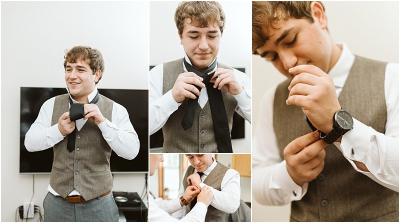 Premier Snohomish & Seattle Wedding Photographer | GSquared Weddings Photography A young man with brown hair wearing a white shirt and grey vest ties a black necktie and puts on a wristwatch while getting ready for a Snohomish Seattle wedding, shown in a collage of close-up and mid-shot images indoors. 47.9129° N, 122.0982° W | Serving Snohomish, Seattle , Orlando & Beyond