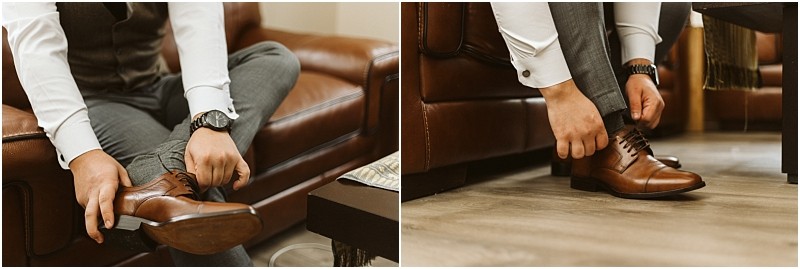 Premier Snohomish & Seattle Wedding Photographer | GSquared Weddings Photography A man in dress pants, a white shirt, and a watch sits on a brown leather couch, putting on brown leather dress shoes—capturing the refined style of a Snohomish Seattle wedding engagement. The focus is on his hands and shoes. 47.9129° N, 122.0982° W | Serving Snohomish, Seattle , Orlando & Beyond