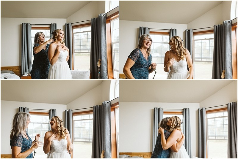 Premier Snohomish & Seattle Wedding Photographer | GSquared Weddings Photography Four-photo collage of a woman in a white wedding dress and another in a blue dress, sharing joyful moments as they get ready for their Snohomish Seattle wedding in a sunlit room with large windows and gray curtains. 47.9129° N, 122.0982° W | Serving Snohomish, Seattle , Orlando & Beyond