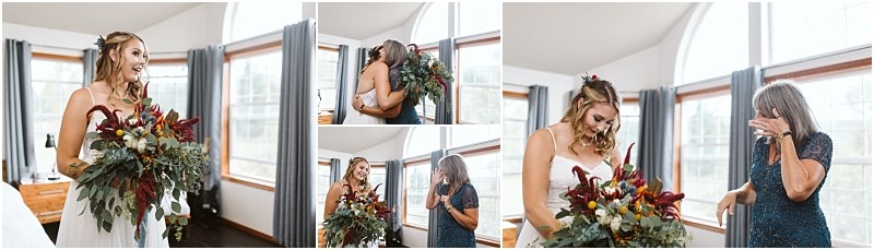 Premier Snohomish & Seattle Wedding Photographer | GSquared Weddings Photography A bride holding a bouquet smiles and shares an emotional, joyful moment with an older woman in a bright room with large windows during a Snohomish Seattle wedding. They hug, laugh, and wipe away happy tears. 47.9129° N, 122.0982° W | Serving Snohomish, Seattle , Orlando & Beyond