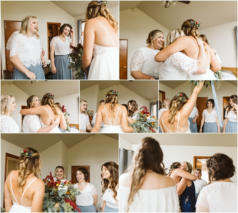 Premier Snohomish & Seattle Wedding Photographer | GSquared Weddings Photography A collage of candid moments shows a Snohomish bride in a white dress joyfully hugging and laughing with her bridesmaids, who wear blue skirts and white tops, in a sunlit room before the wedding ceremony. 47.9129° N, 122.0982° W | Serving Snohomish, Seattle , Orlando & Beyond
