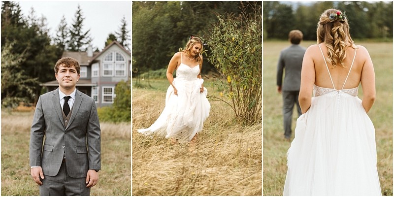Premier Snohomish & Seattle Wedding Photographer | GSquared Weddings Photography Triptych of Snohomish wedding photos: a man in a gray suit stands outside a house; a woman in a white dress walks through grass; the woman follows the man in a field, her back and floral hairpiece visible. 47.9129° N, 122.0982° W | Serving Snohomish, Seattle , Orlando & Beyond
