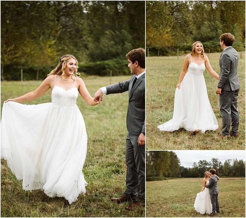 Premier Snohomish & Seattle Wedding Photographer | GSquared Weddings Photography A bride in a flowing white dress and a groom in a gray suit hold hands and smile at each other in a grassy Snohomish field surrounded by trees, sharing joyful moments on their wedding day. 47.9129° N, 122.0982° W | Serving Snohomish, Seattle , Orlando & Beyond