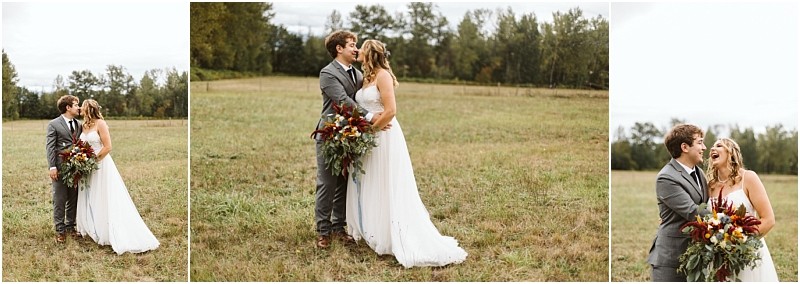 Premier Snohomish & Seattle Wedding Photographer | GSquared Weddings Photography A bride and groom stand together in a grassy field near Snohomish, smiling and laughing while holding a bouquet of flowers, surrounded by trees under a cloudy sky—a beautiful Seattle wedding moment. 47.9129° N, 122.0982° W | Serving Snohomish, Seattle , Orlando & Beyond