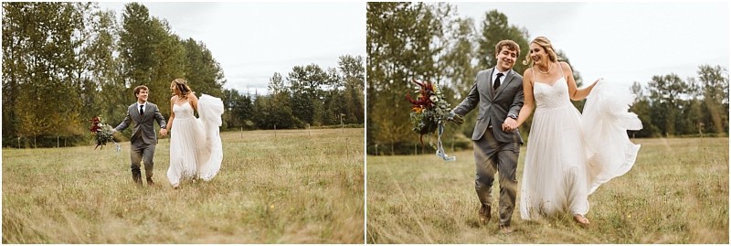 Premier Snohomish & Seattle Wedding Photographer | GSquared Weddings Photography A bride in a white dress and groom in a gray suit joyfully run hand-in-hand through a grassy field at their Snohomish Seattle wedding, trees behind them. The bride holds a bouquet as they smile and laugh together outdoors. 47.9129° N, 122.0982° W | Serving Snohomish, Seattle , Orlando & Beyond