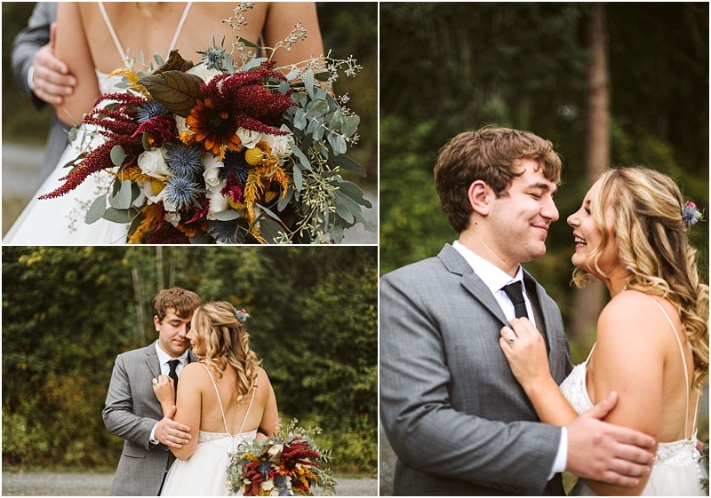 Premier Snohomish & Seattle Wedding Photographer | GSquared Weddings Photography A collage of three Snohomish wedding photos: a bride holding a colorful bouquet, a groom embracing the bride from behind, and the couple smiling at each other outdoors in front of lush greenery. 47.9129° N, 122.0982° W | Serving Snohomish, Seattle , Orlando & Beyond