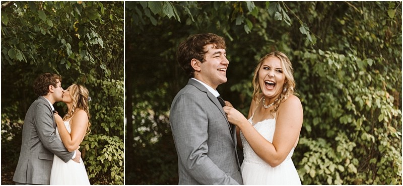 Premier Snohomish & Seattle Wedding Photographer | GSquared Weddings Photography Two images side by side: on the left, a bride and groom kiss under green trees at a Snohomish Seattle wedding; on the right, the bride laughs while holding the groom’s tie, both smiling in front of leafy greenery. 47.9129° N, 122.0982° W | Serving Snohomish, Seattle , Orlando & Beyond