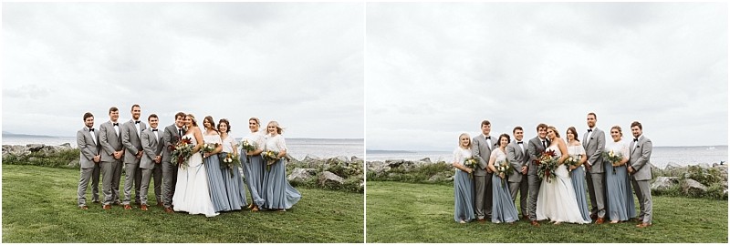 Premier Snohomish & Seattle Wedding Photographer | GSquared Weddings Photography Two group photos of a Snohomish wedding party outdoors on grass near rocks and water, with people in gray suits and blue dresses. The bride in white and groom in gray suit stand together under a cloudy sky. 47.9129° N, 122.0982° W | Serving Snohomish, Seattle , Orlando & Beyond