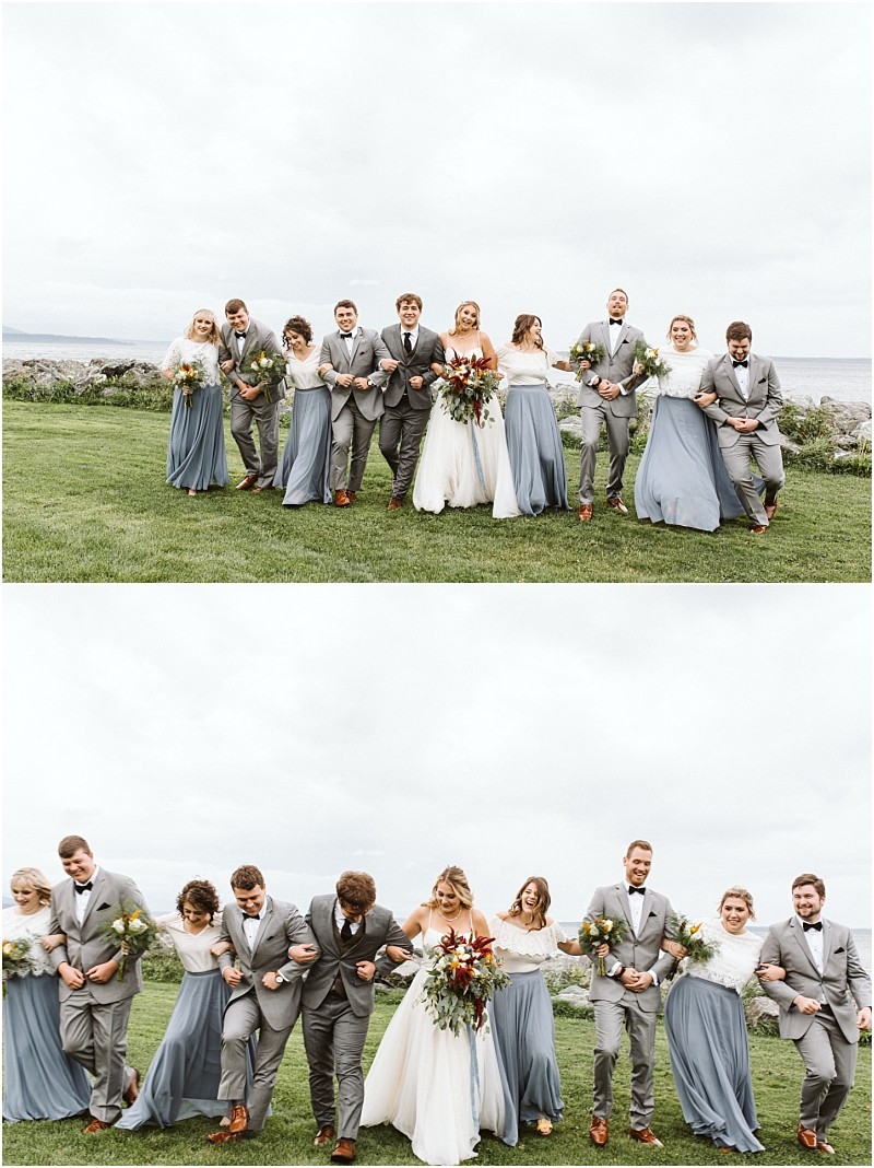 Premier Snohomish & Seattle Wedding Photographer | GSquared Weddings Photography A joyful Snohomish wedding party poses outdoors by the water. Bridesmaids in blue dresses, groomsmen in gray suits, and a radiant bride in white smile and walk together, capturing the spirit of a perfect Seattle wedding engagement. 47.9129° N, 122.0982° W | Serving Snohomish, Seattle , Orlando & Beyond