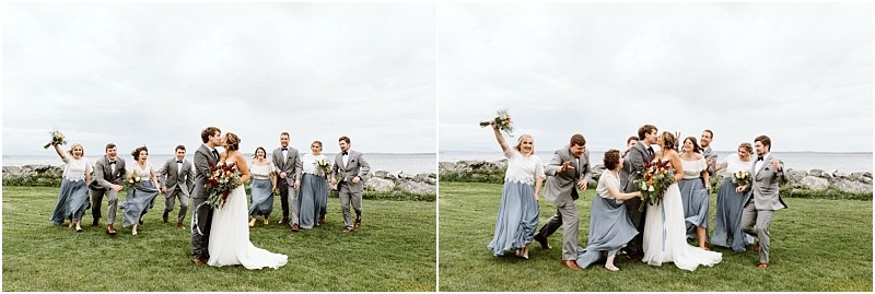 Premier Snohomish & Seattle Wedding Photographer | GSquared Weddings Photography Two side-by-side photos of a Snohomish wedding party outdoors. The group, dressed in gray suits and blue dresses, laughs and poses energetically on a grassy area near rocks with cloudy Seattle skies in the background. 47.9129° N, 122.0982° W | Serving Snohomish, Seattle , Orlando & Beyond