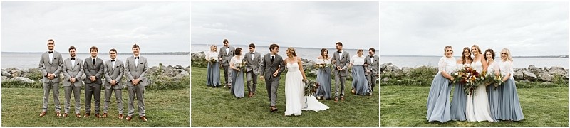 Premier Snohomish & Seattle Wedding Photographer | GSquared Weddings Photography Three Snohomish wedding party photos: groomsmen in grey suits, the full party walking, and bridesmaids in blue skirts and white tops, all posing outdoors on grass with a rocky shoreline and water in the background. 47.9129° N, 122.0982° W | Serving Snohomish, Seattle , Orlando & Beyond