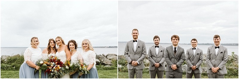 Premier Snohomish & Seattle Wedding Photographer | GSquared Weddings Photography A split image from a Snohomish Seattle wedding shows five bridesmaids in white tops and blue skirts with bouquets on the left, and five groomsmen in grey suits with black bow ties on the right, all standing outdoors by water. 47.9129° N, 122.0982° W | Serving Snohomish, Seattle , Orlando & Beyond