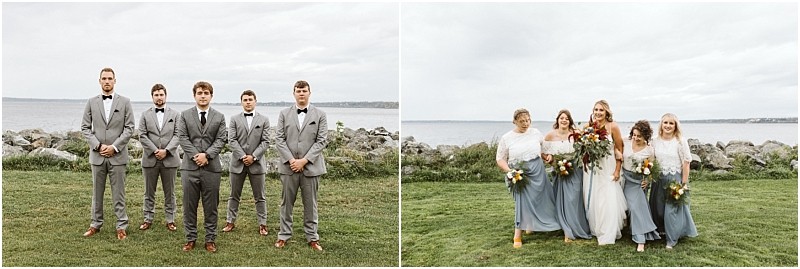 Premier Snohomish & Seattle Wedding Photographer | GSquared Weddings Photography Side-by-side photos: on the left, five groomsmen in grey suits stand near rocks and water; on the right, the bride and six bridesmaids in blue dresses smile together by the water at this beautiful Snohomish Seattle wedding. 47.9129° N, 122.0982° W | Serving Snohomish, Seattle , Orlando & Beyond