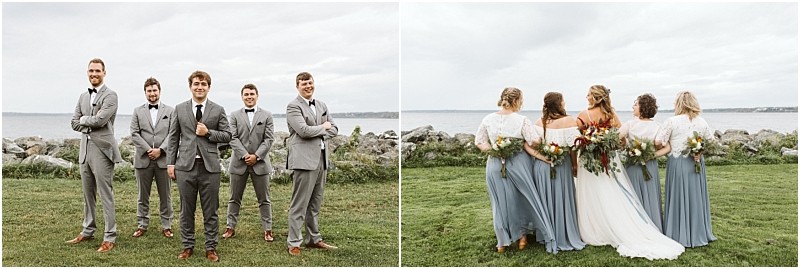 Premier Snohomish & Seattle Wedding Photographer | GSquared Weddings Photography Two photos side by side: on the left, five men in grey suits stand on grass by water; on the right, five women with bouquets in hand face the water—capturing a special Snohomish Seattle wedding moment. 47.9129° N, 122.0982° W | Serving Snohomish, Seattle , Orlando & Beyond