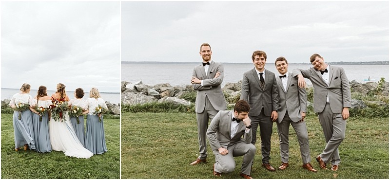 Premier Snohomish & Seattle Wedding Photographer | GSquared Weddings Photography Two wedding party photos by a Snohomish lakeside: left, four women in blue skirts and shawls stand with the bride, backs to the camera; right, four groomsmen in gray suits pose playfully, facing the camera at this Seattle wedding. 47.9129° N, 122.0982° W | Serving Snohomish, Seattle , Orlando & Beyond