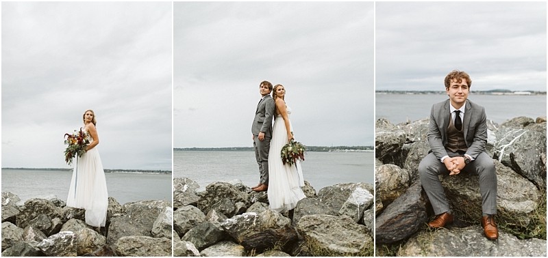 Premier Snohomish & Seattle Wedding Photographer | GSquared Weddings Photography A bride in a white dress and groom in a grey suit pose on a rocky shore by the water under a cloudy sky; this dreamy Snohomish Seattle wedding engagement features romantic moments with a bouquet and varied poses. 47.9129° N, 122.0982° W | Serving Snohomish, Seattle , Orlando & Beyond