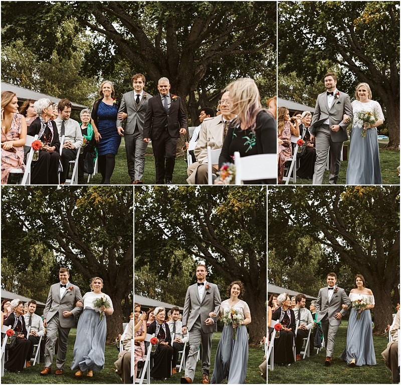 Premier Snohomish & Seattle Wedding Photographer | GSquared Weddings Photography A collage of six outdoor Snohomish wedding photos shows pairs walking down an aisle lined with guests, under large trees. Some hold flowers and wear formal attire, surrounded by greenery and white chairs, perfect for a Seattle engagement. 47.9129° N, 122.0982° W | Serving Snohomish, Seattle , Orlando & Beyond