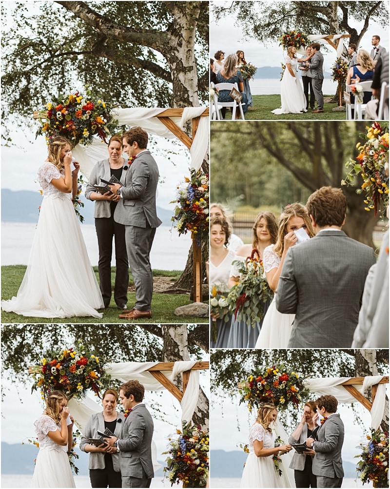 Premier Snohomish & Seattle Wedding Photographer | GSquared Weddings Photography A collage of Snohomish outdoor wedding ceremony photos shows a bride in a white dress and a groom in a gray suit exchanging vows and rings under a floral arch, with guests and bridesmaids watching and smiling. 47.9129° N, 122.0982° W | Serving Snohomish, Seattle , Orlando & Beyond
