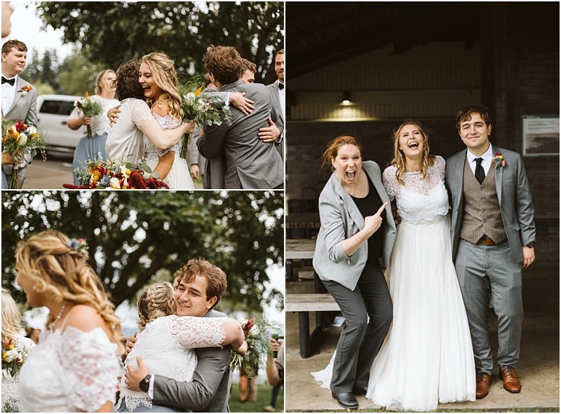 Premier Snohomish & Seattle Wedding Photographer | GSquared Weddings Photography A collage of Snohomish wedding photos shows a bride and groom celebrating with guests, hugging and smiling outdoors, and posing happily together with another person under a shelter near Seattle. 47.9129° N, 122.0982° W | Serving Snohomish, Seattle , Orlando & Beyond