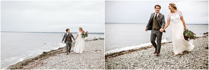 Premier Snohomish & Seattle Wedding Photographer | GSquared Weddings Photography Two photos of a bride and groom walking hand in hand along a rocky beach near Seattle, smiling happily. The bride holds a bouquet and wears a white gown, while the groom wears a gray suit. The ocean and sky frame this perfect wedding moment. 47.9129° N, 122.0982° W | Serving Snohomish, Seattle , Orlando & Beyond
