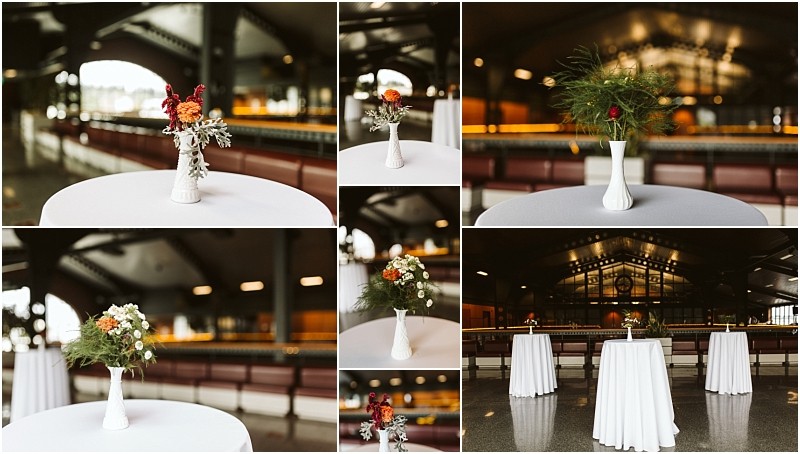 Premier Snohomish & Seattle Wedding Photographer | GSquared Weddings Photography A collage of Snohomish event tables covered with white cloths, each with a white vase holding colorful floral arrangements, set in a spacious, elegant indoor Seattle wedding venue with high ceilings and warm lighting. 47.9129° N, 122.0982° W | Serving Snohomish, Seattle , Orlando & Beyond