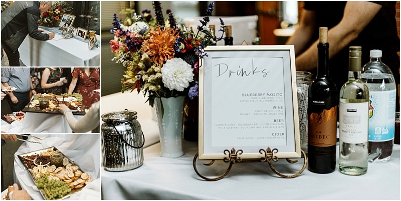 Premier Snohomish & Seattle Wedding Photographer | GSquared Weddings Photography A collage shows people serving themselves food from a buffet and a close-up of a drink station with wine, water, cider, flowers, and a framed drinks menu on a white tablecloth at a Snohomish Seattle wedding engagement. 47.9129° N, 122.0982° W | Serving Snohomish, Seattle , Orlando & Beyond