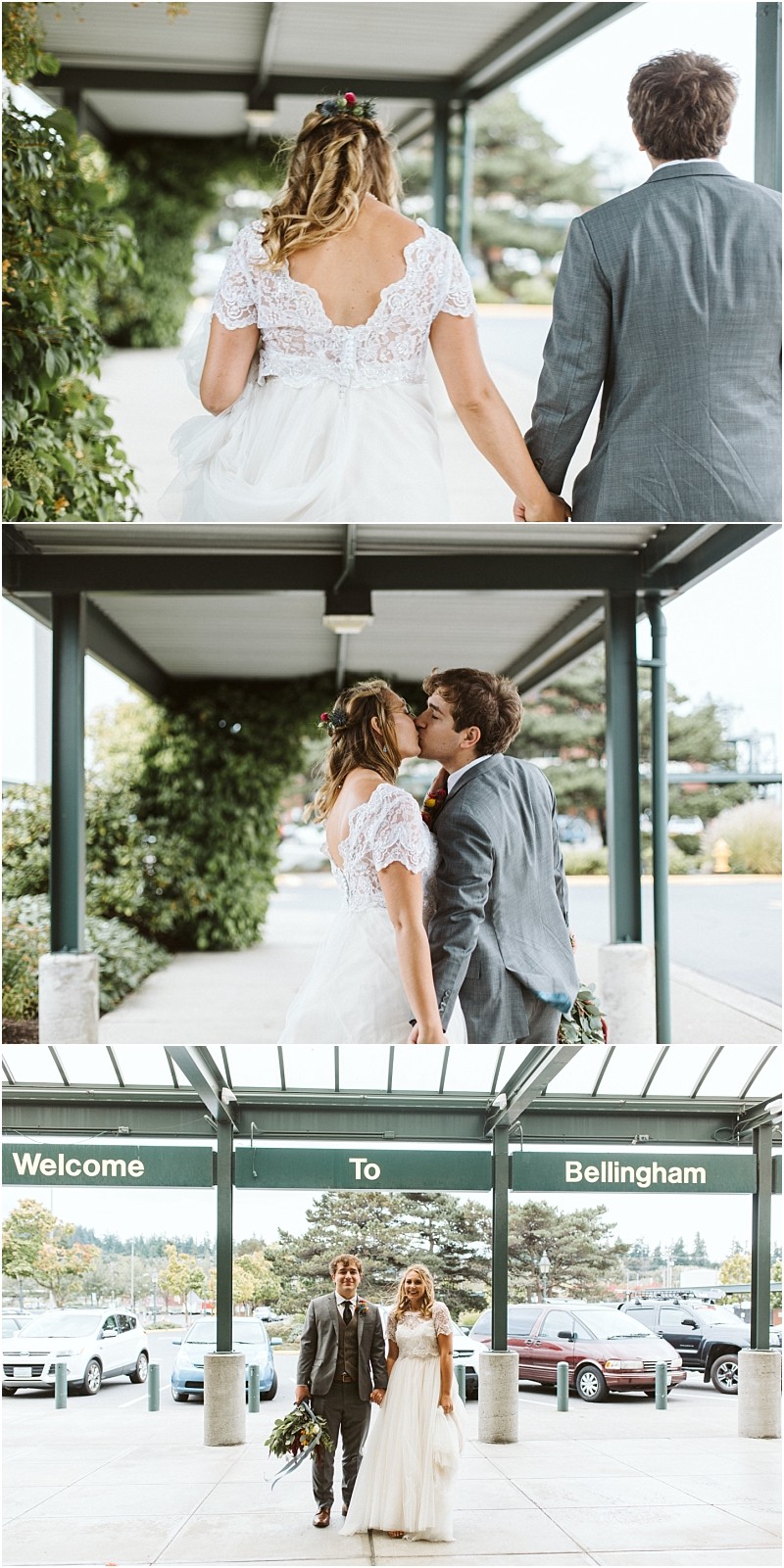 Premier Snohomish & Seattle Wedding Photographer | GSquared Weddings Photography A bride and groom holding hands and walking outside, kissing under a covered walkway, then walking together smiling beneath a “Welcome to Bellingham” sign. Capturing the joy of a Snohomish Seattle wedding, the bride wears white and the groom a gray suit. 47.9129° N, 122.0982° W | Serving Snohomish, Seattle , Orlando & Beyond