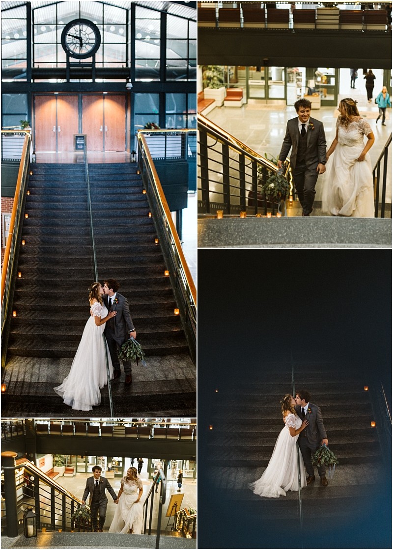 Premier Snohomish & Seattle Wedding Photographer | GSquared Weddings Photography A collage of four photos shows a Snohomish Seattle wedding with a bride and groom in wedding attire at a grand train station, posing on a large staircase, holding hands, and smiling at each other under a clock. 47.9129° N, 122.0982° W | Serving Snohomish, Seattle , Orlando & Beyond