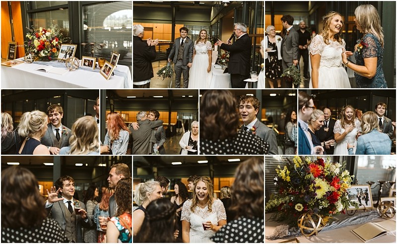 Premier Snohomish & Seattle Wedding Photographer | GSquared Weddings Photography A collage of Snohomish wedding reception photos shows a bride and groom laughing, mingling with guests, and embracing family. A decorated table with flowers and framed photos is also featured. The joyous atmosphere is lively and warm. 47.9129° N, 122.0982° W | Serving Snohomish, Seattle , Orlando & Beyond