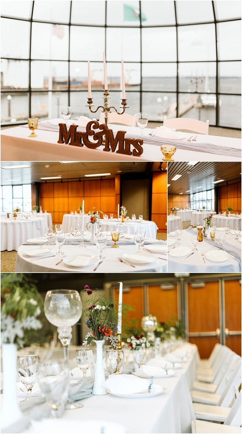 Premier Snohomish & Seattle Wedding Photographer | GSquared Weddings Photography A stunning Snohomish wedding reception setup with round tables, white tablecloths, elegant glassware, floral centerpieces, and a gold “Mr. & Mrs.” sign under a candle holder in a modern venue with large windows near Seattle. 47.9129° N, 122.0982° W | Serving Snohomish, Seattle , Orlando & Beyond