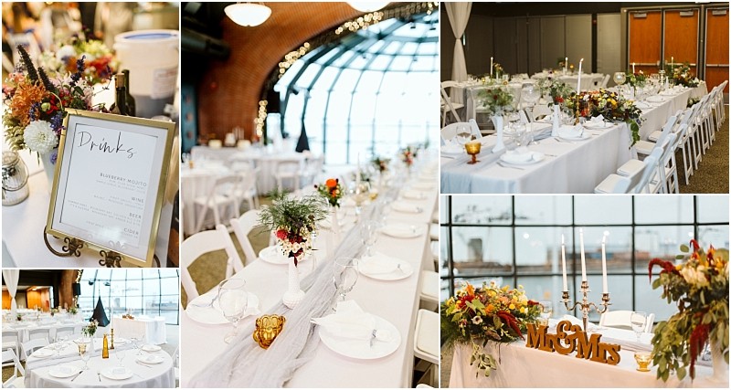Premier Snohomish & Seattle Wedding Photographer | GSquared Weddings Photography A collage of elegant Snohomish wedding reception tables with white linens, floral centerpieces, candles, and gold accents. Mr & Mrs sign decorates the head table. One image shows a framed drinks menu. Large windows provide natural light. 47.9129° N, 122.0982° W | Serving Snohomish, Seattle , Orlando & Beyond