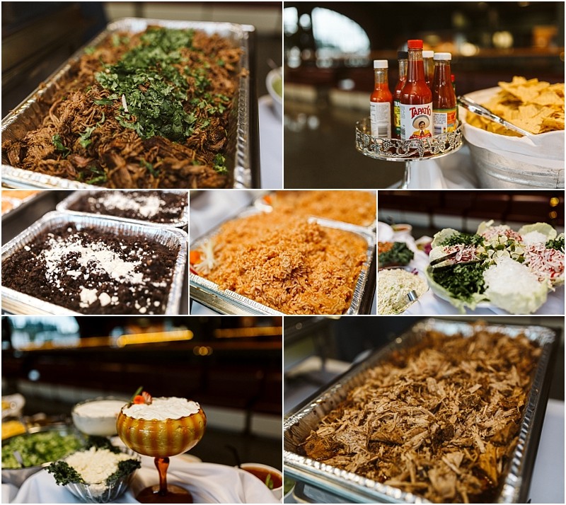 Premier Snohomish & Seattle Wedding Photographer | GSquared Weddings Photography A collage shows trays of Mexican food including shredded meat, black beans with cheese, rice, salads, chips, and bottles of hot sauce displayed on a buffet table at a Snohomish Seattle wedding engagement celebration. 47.9129° N, 122.0982° W | Serving Snohomish, Seattle , Orlando & Beyond