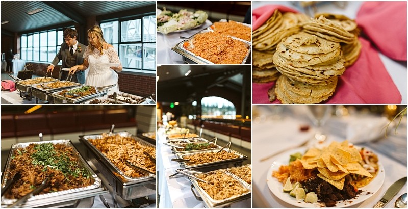 Premier Snohomish & Seattle Wedding Photographer | GSquared Weddings Photography A collage shows a couple serving food from a buffet at a festive indoor Snohomish Seattle wedding, with trays of Mexican dishes like rice and meat, stacks of tortillas, and a plate loaded with chips, rice, and various toppings. 47.9129° N, 122.0982° W | Serving Snohomish, Seattle , Orlando & Beyond