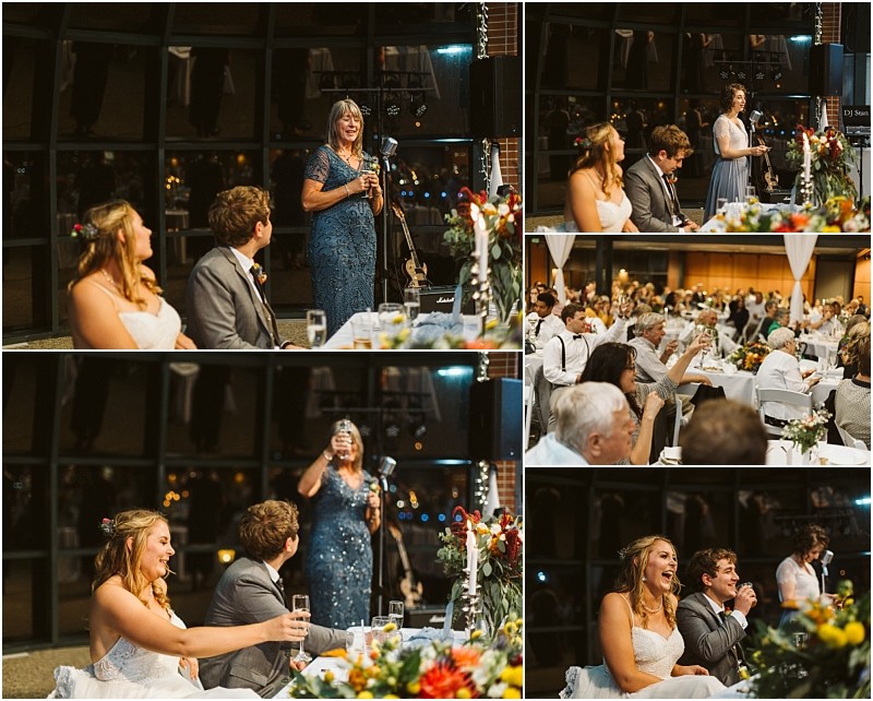 Premier Snohomish & Seattle Wedding Photographer | GSquared Weddings Photography A woman in a blue dress gives a speech at a Snohomish wedding reception. The bride and groom, celebrating their Seattle engagement, smile and laugh with guests in a warmly lit, festive venue adorned with flowers. 47.9129° N, 122.0982° W | Serving Snohomish, Seattle , Orlando & Beyond