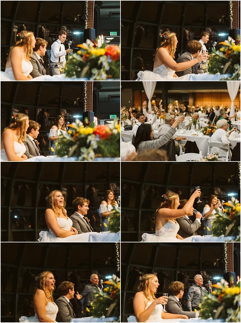 Premier Snohomish & Seattle Wedding Photographer | GSquared Weddings Photography A series of photos shows a bride and groom laughing and raising glasses during speeches at their Snohomish wedding reception, surrounded by guests seated at decorated tables with flowers. 47.9129° N, 122.0982° W | Serving Snohomish, Seattle , Orlando & Beyond