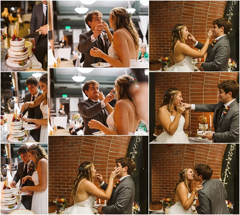Premier Snohomish & Seattle Wedding Photographer | GSquared Weddings Photography A collage of nine photos shows a Snohomish bride and groom playfully feeding each other cake and laughing during their wedding reception, with a brick wall and decorated venue setting the joyful Seattle celebration scene. 47.9129° N, 122.0982° W | Serving Snohomish, Seattle , Orlando & Beyond