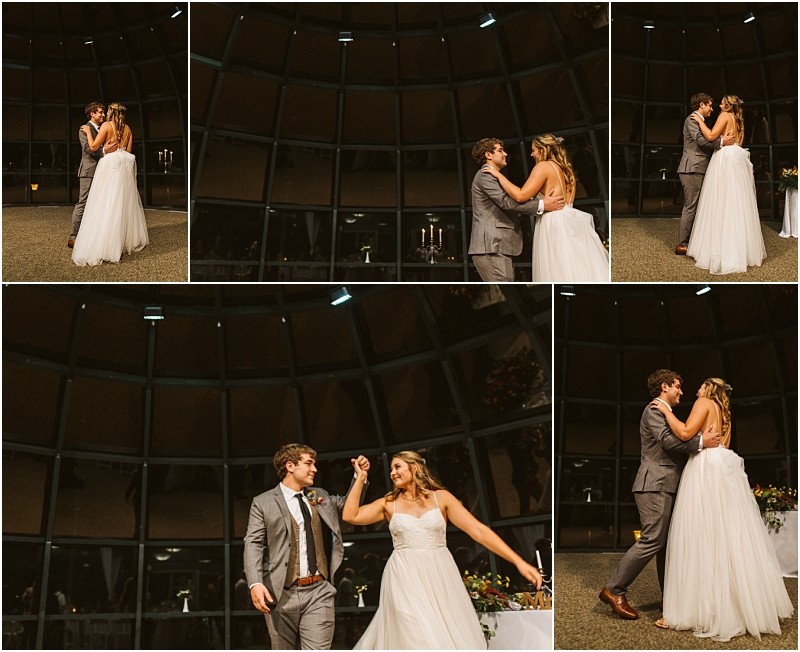 Premier Snohomish & Seattle Wedding Photographer | GSquared Weddings Photography A bride in a white dress and a groom in a gray suit dance together inside a dome-shaped venue with large windows, sharing joyful and romantic moments at their Snohomish Seattle wedding engagement. 47.9129° N, 122.0982° W | Serving Snohomish, Seattle , Orlando & Beyond