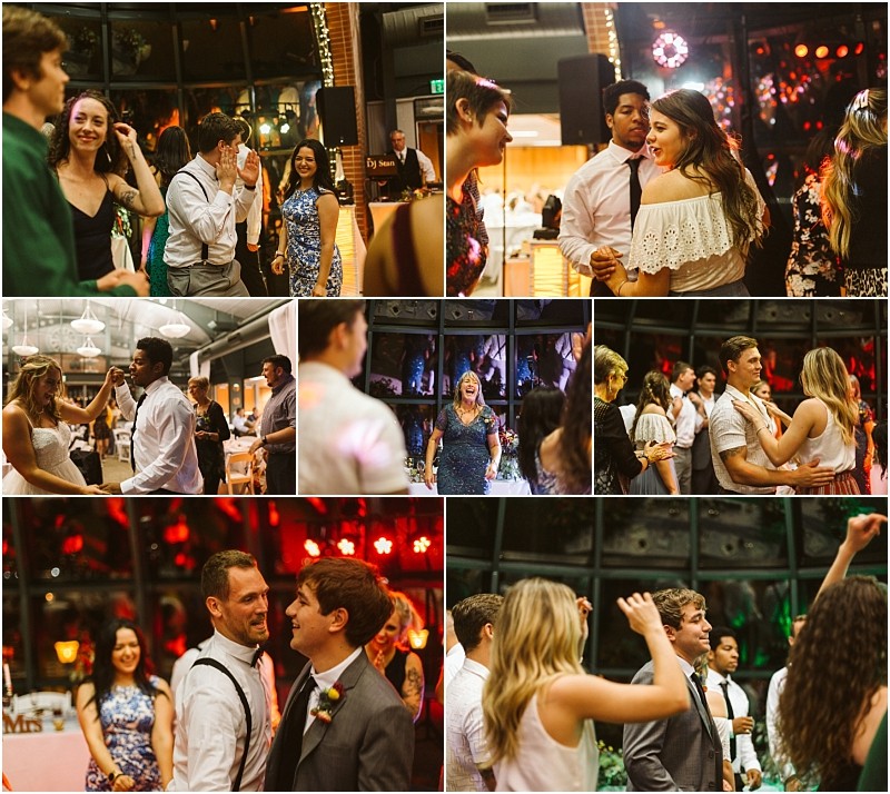 Premier Snohomish & Seattle Wedding Photographer | GSquared Weddings Photography A collage of wedding guests dancing, laughing, and socializing in a warmly lit Snohomish venue with large windows and festive lights, capturing joyful moments on the dance floor during a Seattle wedding engagement celebration. 47.9129° N, 122.0982° W | Serving Snohomish, Seattle , Orlando & Beyond