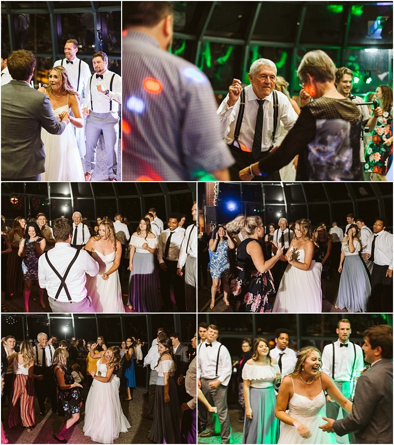 Premier Snohomish & Seattle Wedding Photographer | GSquared Weddings Photography A collage of Snohomish wedding reception photos shows guests, including the bride in a white dress, dancing, laughing, and enjoying the celebration under colorful lights. The joyful atmosphere perfectly captures a vibrant Seattle wedding event. 47.9129° N, 122.0982° W | Serving Snohomish, Seattle , Orlando & Beyond