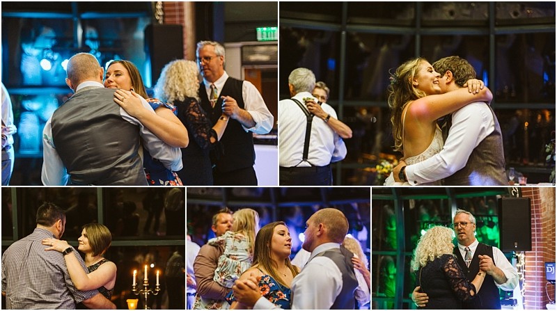 Premier Snohomish & Seattle Wedding Photographer | GSquared Weddings Photography Collage of four photos showing couples slow dancing at an indoor Snohomish wedding event, dressed in formal attire. The background features dim lighting, large windows, and festive decor for a warm, celebratory atmosphere. 47.9129° N, 122.0982° W | Serving Snohomish, Seattle , Orlando & Beyond