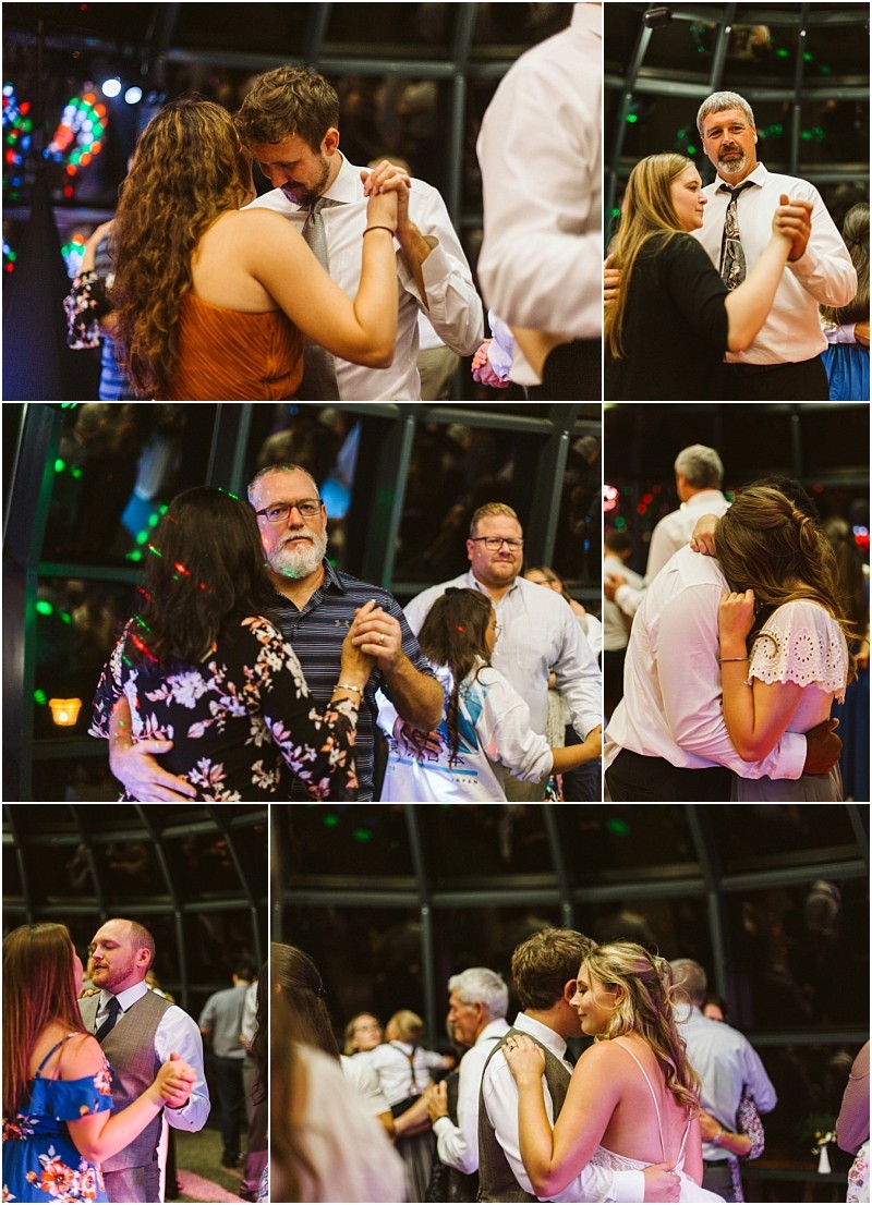 Premier Snohomish & Seattle Wedding Photographer | GSquared Weddings Photography A collage of five photos shows couples of various ages slow dancing at an indoor Snohomish wedding reception near Seattle, with festive lights and formally dressed guests in the background. 47.9129° N, 122.0982° W | Serving Snohomish, Seattle , Orlando & Beyond