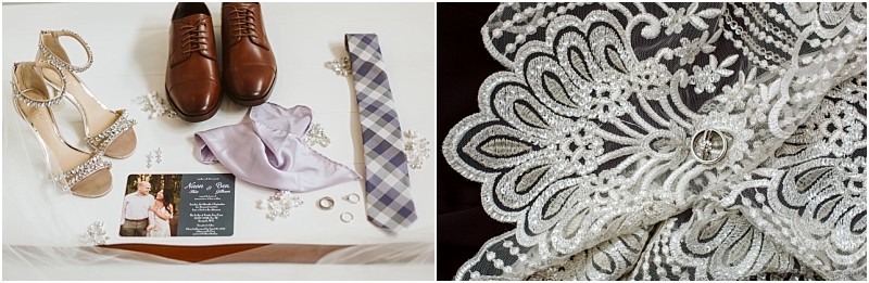 Premier Snohomish & Seattle Wedding Photographer | GSquared Weddings Photography A wedding flat lay features brown dress shoes, sparkling heels, a lavender tie and pocket square, a plaid tie, rings, an invitation, and lace fabric with a ring—perfect inspiration for your Snohomish or Seattle wedding engagement. 47.9129° N, 122.0982° W | Serving Snohomish, Seattle , Orlando & Beyond