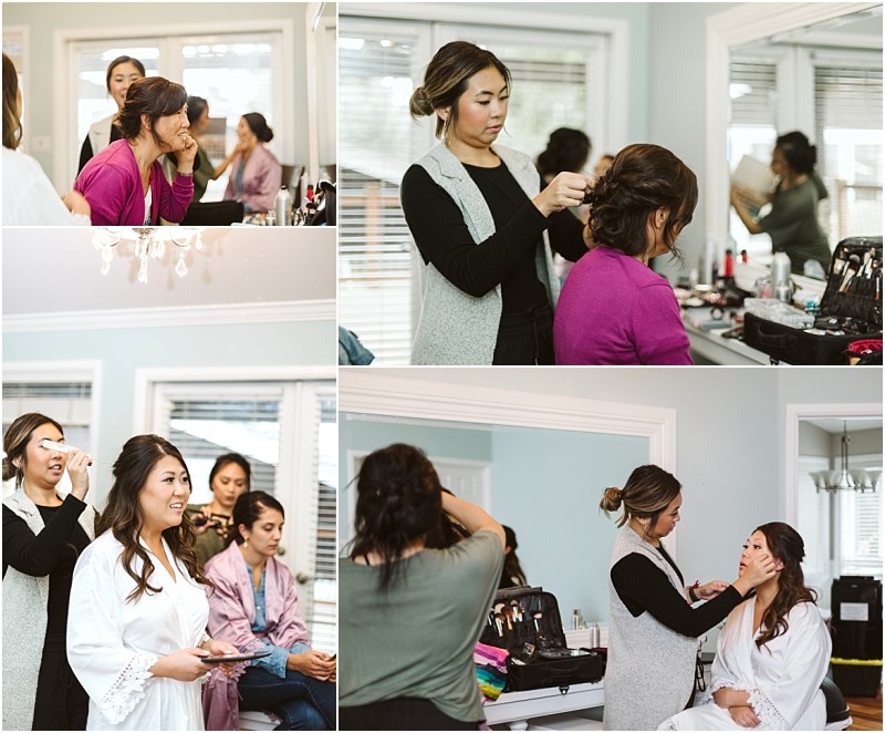 Premier Snohomish & Seattle Wedding Photographer | GSquared Weddings Photography A collage of four images shows women getting their hair and makeup done in a bright room with large mirrors and windows—perfect for a Snohomish or Seattle wedding or engagement, as stylists prep the clients in robes. 47.9129° N, 122.0982° W | Serving Snohomish, Seattle , Orlando & Beyond