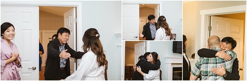 Premier Snohomish & Seattle Wedding Photographer | GSquared Weddings Photography A collage of photos showing people greeting and hugging each other in a warmly lit home, with expressions of joy and welcome—capturing the warmth of a Snohomish Seattle wedding engagement as guests arrive and embrace near the doorway. 47.9129° N, 122.0982° W | Serving Snohomish, Seattle , Orlando & Beyond