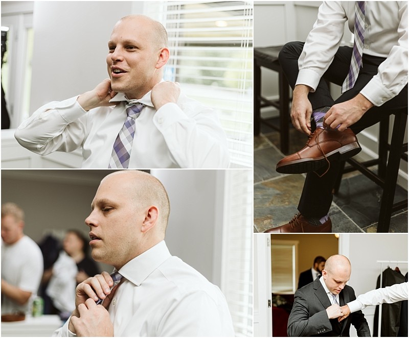 Premier Snohomish & Seattle Wedding Photographer | GSquared Weddings Photography A man prepares for a formal Snohomish wedding, adjusting his tie, slipping on brown dress shoes, and donning a suit jacket in a bright room filled with natural light streaming through the windows. 47.9129° N, 122.0982° W | Serving Snohomish, Seattle , Orlando & Beyond