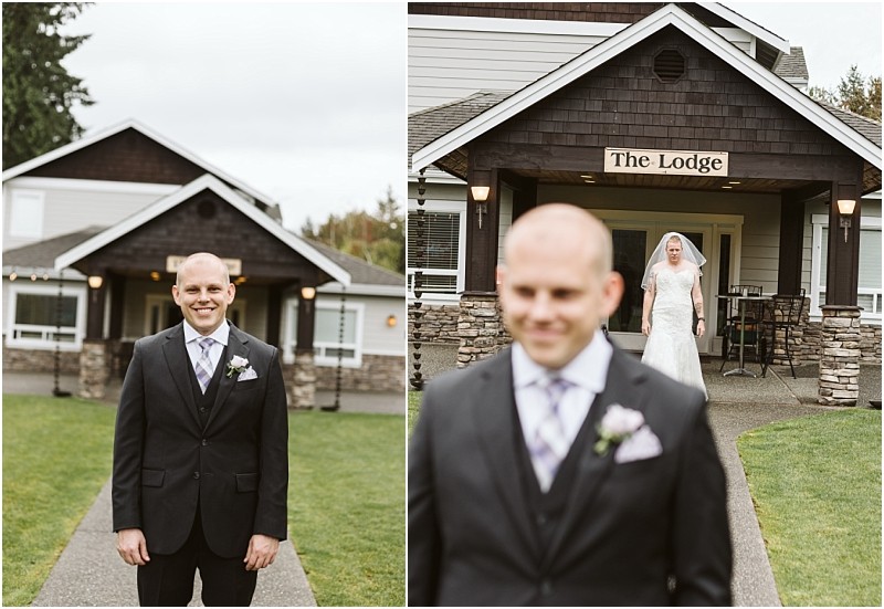 Premier Snohomish & Seattle Wedding Photographer | GSquared Weddings Photography Two photos: On the left, a groom stands smiling outside The Lodge in Snohomish. On the right, a bride in a white dress and veil walks toward him from the entrance, capturing a sweet Seattle wedding moment. 47.9129° N, 122.0982° W | Serving Snohomish, Seattle , Orlando & Beyond