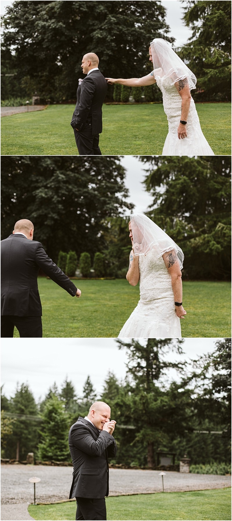 Premier Snohomish & Seattle Wedding Photographer | GSquared Weddings Photography Three photos capture a Snohomish bride in a white dress and veil surprising her groom outdoors. He reacts emotionally, walking away with tears while she smiles under her veil, surrounded by trees and grass at this Seattle wedding engagement. 47.9129° N, 122.0982° W | Serving Snohomish, Seattle , Orlando & Beyond