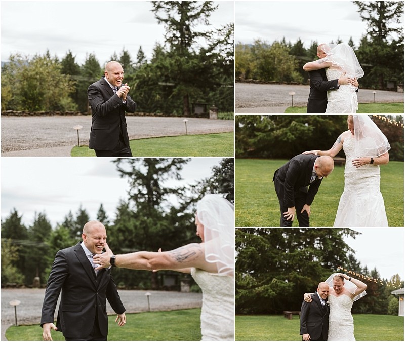 Premier Snohomish & Seattle Wedding Photographer | GSquared Weddings Photography A man in a suit is joyfully surprised and emotional during a first look with a bride in a white dress and veil at their Snohomish Seattle wedding. They hug, laugh, and walk together outdoors on a grassy lawn with trees behind them. 47.9129° N, 122.0982° W | Serving Snohomish, Seattle , Orlando & Beyond