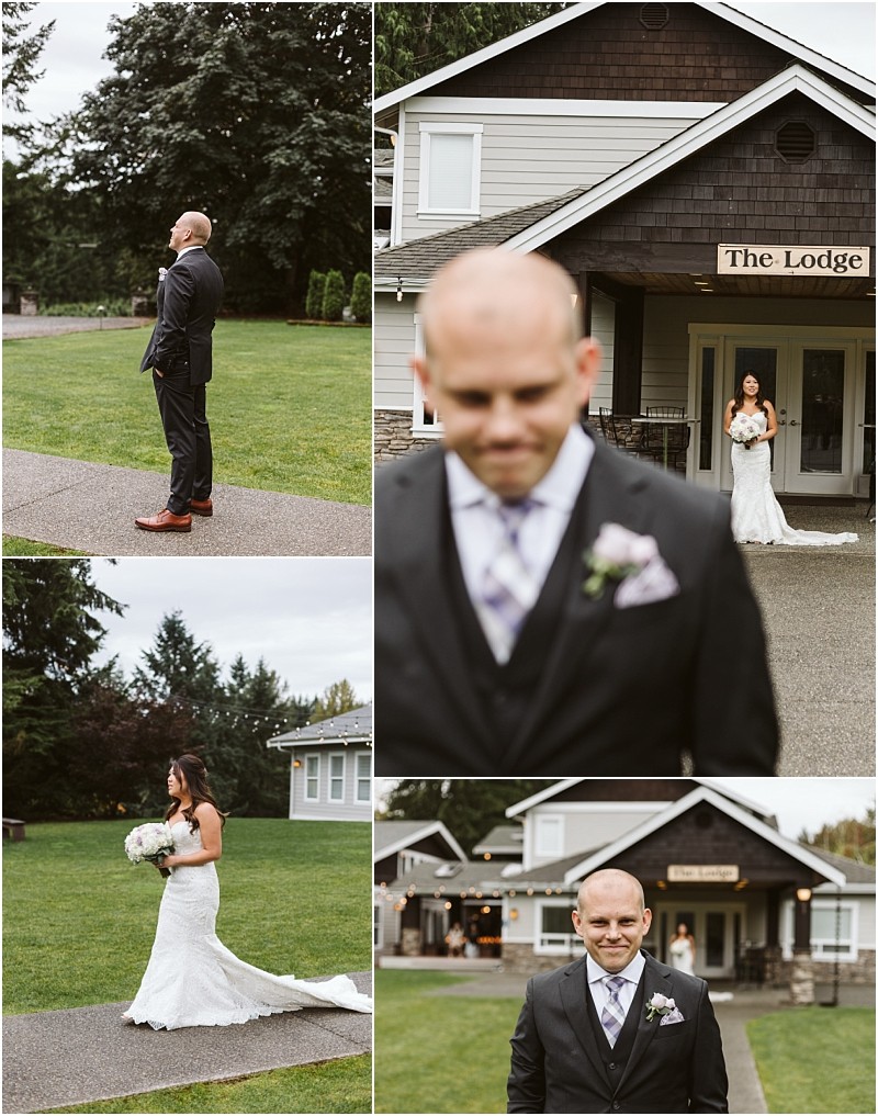 Premier Snohomish & Seattle Wedding Photographer | GSquared Weddings Photography A bride in a white gown approaches her groom for their first look outside a Snohomish lodge; they stand on a path and lawn with trees and the lodge building in the background—perfect for a Seattle wedding engagement. 47.9129° N, 122.0982° W | Serving Snohomish, Seattle , Orlando & Beyond